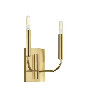 Twin Wall Light White Linen Cylindrical Shades Burnished Brass LED E14 60W