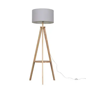 Ismay 149 cm Morrigan Wood Tripod Floor Lamp with Shelf & XL Reni Shade Light Brown / Grey / No