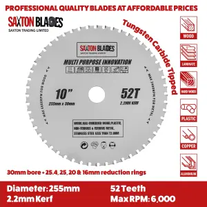 Saxton TCT25552TMPT TCT Multi Purpose Innovation Circular Saw Blade 255mm x 52 Teeth x 30mm Bore 16, 20 and 25mm reduction rings