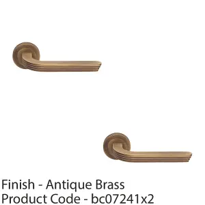 2 PACK - Premium Art Deco Door Handle Set - Antique Brass Reeded Lever on Round Rose