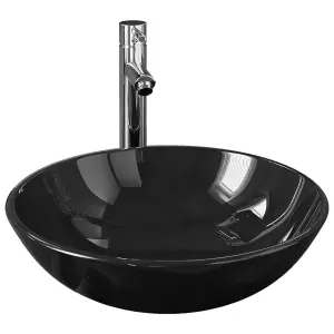 Berkfield Bathroom Sink with Tap and Push Drain Black Tempered Glass