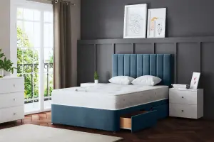 Amelia Blue Upholstered Panel Divan Bed with Headboard and Two Drawers King