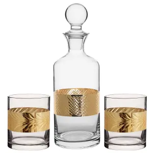 Traditional Glass Decanter Gold Embossed Christmas Glassware Spirit Whisky Decanter Set 1.5L with Two Gold Leaf Tumblers