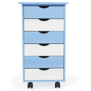 Chest of Drawers - with 6 drawers, made of wood, with 4 wheels, 36 x 40 x 65 cm - blue