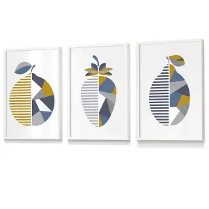 Set of 3 Geometric Fruit Strawberry Blue Yellow Wall Art Prints / 30x42cm (A3) / White Frame