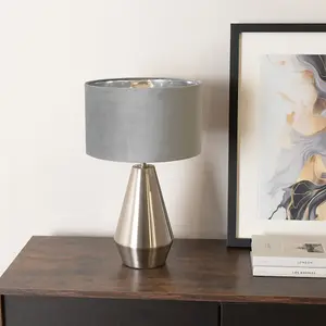 ValueLights Jax Chrome Dimmable Touch Table Lamp with Grey Velvet & Chrome Inner Lamp Shade