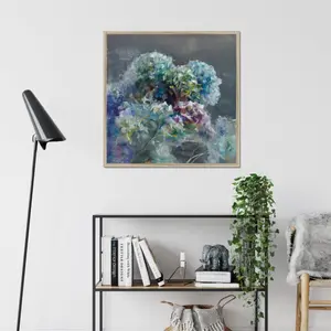 Abstract Hydrangea Dark by Danhui Nai - Painting Natural Wood Framed Paper Print / 80cm H x 80cm W