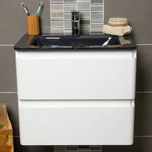 Marvel 600mm Wall Hung Bathroom Vanity Unit in Gloss White with Grey Glass Basin