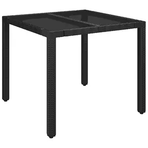 Berkfield Garden Table with Glass Top Black 90x90x75 cm Poly Rattan