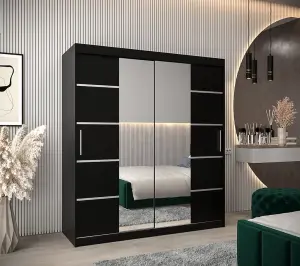 Verona 04 Contemporary 2 Mirrored Sliding Door Wardrobe 9 Shelves 2 Rails Black Matt (H)2000mm (W)1800mm (D)620mm