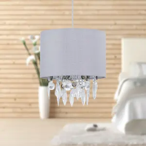 First Choice Lighting Set of 2 Fiji Grey Linen with Silver Fleck Detail Jewelled Pendant Shades