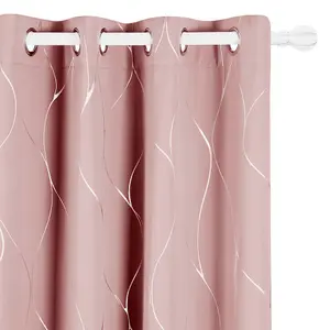 Deconovo Eyelet Thermal Blackout Curtains, Silver Wave Foil Printed Curtains for Kids Bedroom, 66 x 54 Inch, Pink, 2 Panels