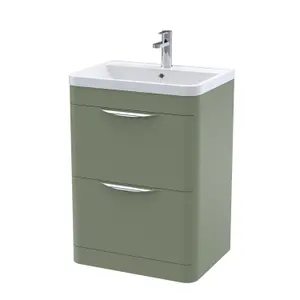 Floor Standing 2 Drawer Vanity Unit with Polymarble Basin - 600mm - Satin Green