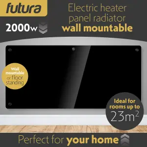 Futura Electric Panel Heater 2000W Black Wall Mounted & Free Standing Glass Timer Thermostat Control Lot 20