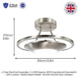 Modernistic Semi Flush Eco Friendly LED Ceiling Light Fitting in Satin Nickel