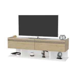 Decorotika Kase TV Stand TV Cabinet TV Unit with Three Shelves and Two Cabinets - White and Oak Pattern