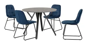 Athens Round Dining Set Blue Velvet Chairs Concrete Effect Black