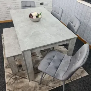 Grey Kitchen Dining Table, 4 Grey Tufted Velvet Chairs and 1 Bench Dining Set (140x80x75cm)