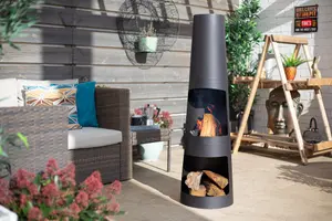 La Hacienda Circo Steel Chiminea with Log Store - H 125 x W 36 x D 36cm