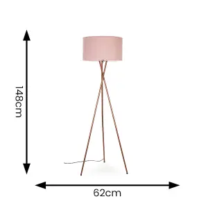 ValueLights Camden Modern Copper Metal Tripod Floor Lamp with Pink Cylinder Shade - Includes 6w LED Bulb 3000K Warm White