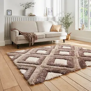 Beige Brown Modern Shaggy Geometric Rug For Dining Room-80cm X 150cm