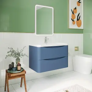 Wall Hung 2 Drawer Vanity Basin Unit with Polymarble Basin, 800mm - Satin Blue