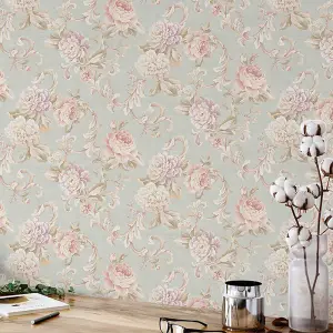 Seabrook Floral Rose Duck Egg Wallpaper Flowers Botanical Acrylic Coated Paper