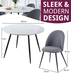 Hallowood Furniture Cullompton Large Round White Marble Effect Dining Table 120cm with 4 Curved-back Grey Fabric Chairs