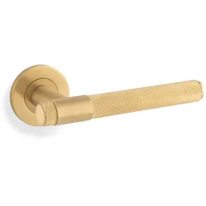 SOLID BRASS Knurled Door Handle Set - Satin Brass Bar Lever On Round Rose