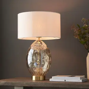 Luminosa Barletta Base & Shade Table Lamp, Champagne Lustre Glass, Satin Brass Plate With Vintage White Fabric