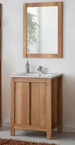 Bathroom Furniture Set: 600 Vanity Sink Freestanding Unit with Wall Mirror Oak Effect Classic