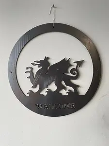 Welsh Dragon Wall Art - Small With Text - Steel - W29.5 x H29.5 cm - Bare Metal/Ready to Rust