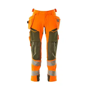 Mascot Accelerate Safe Trousers with Holster Pockets - Hi-Vis Orange/Moss Green   (32.5) (Leg Length - Long)