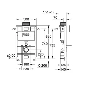 Rimless Wall Hung Toilet Pan with GROHE 0.82m Low Height Concealed Cistern Frame  WC - Phantom Black Dual Flush Plate