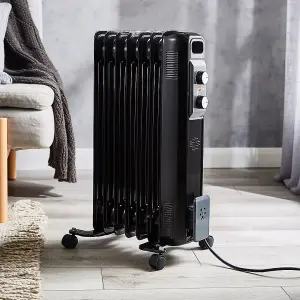 Geepas 1500W Oil-Filled Radiator Heater - 7 Fins, Adjustable Thermostat, Overheat Protection, Portable with Wheels