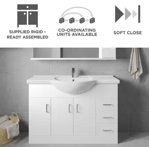 3 Door 3 Drawer Vanity Basin Unit with Round Basin - 1200mm - Gloss White