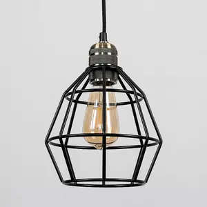 ValueLights Angus Antique Brass Ceiling Pendant Light Fitting with Black Wire Cage Shade