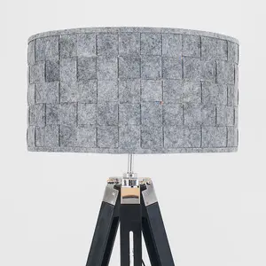 ValueLights Clipper Black Wood and Silver Chrome Tripod Floor Lamp with Grey Felt Weave Design Light Shade with LED GLS Bulb