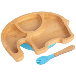 Bamboo Elephant Baby Weaning Plate & Fork Set - Blue