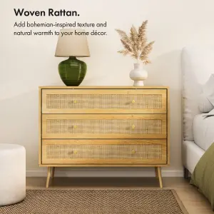 VonHaus Chest of Drawers for Bedroom, Scandi Style Natural Rattan 3 Drawer Organiser, Wicker Dresser for Bedroom & Living Room