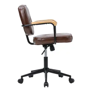 Brown PU Leather Ergonomic Office Chair with Wood Armrests