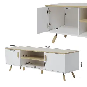 140 x 40 x 45cm TV Stand with Doors and Open Shelves White and Natural