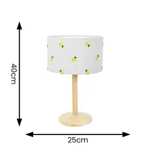 ValueLights Triston Natural Light Wood Stem Table Lamp with Lemon Embroidered Lamp Shade and LED Bulb