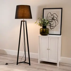 ValueLights Lottie Black Wood Tripod Floor Lamp with Black Tapered Shade