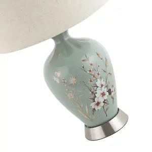 Traditional Ceramic Lamp Base in Dusty Duck Egg with Foliage and Floral Decor