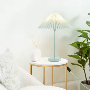 ValueLights Akira Blue Metal Table Lamp with Pleated Lampshade - LED Bulb Included