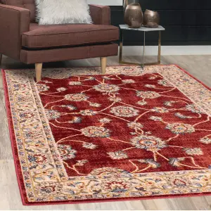 Red Traditional Bordered Floral Rug Easy to clean Dining Room-80cm X 150cm