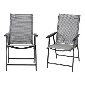 Set of 2 Black Reclining High Back Metallic Frame and Fabric Garden Folding Chairs with Armrests