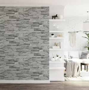 Slate Grey Realistic Stone Brick Wall Effect Textured Wallpaper Wall Faux