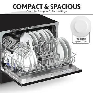 Compact Black Portable Dishwasher with 6 Place Settings for Small Kitchens